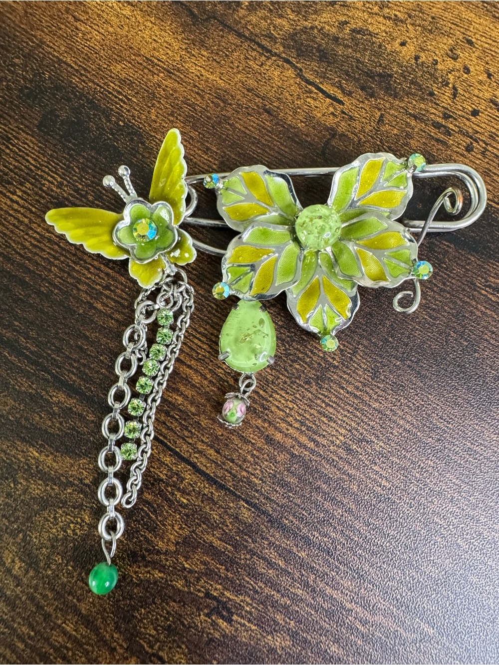 Lime Green Flower & Butterfly Dangle Brooch Shawl Pin - Handmade